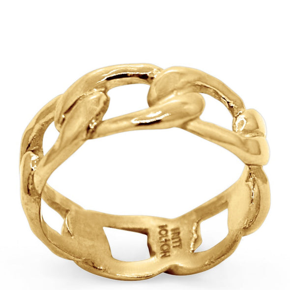 A cast glossy 14k yellow gold classic style Cuban chain link ring standing up to show Britt Bolton logo on inside on white background