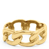 A cast glossy 14k yellow gold classic style Cuban chain link ring laying flat on white background