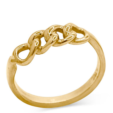 Tiny thin 14k yellow gold band with 4 tiny chain links. ring pictured standing up with a slight tilt forward and to the left