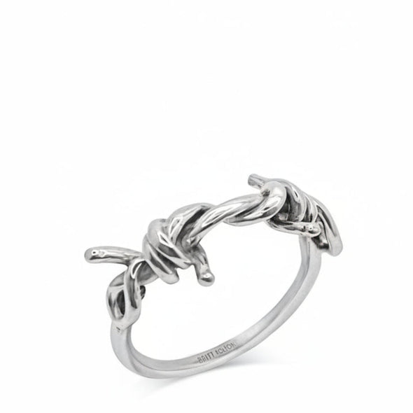 Silver ring with dolphin designs on a white background