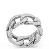 Silver ring with a braided design on a white background