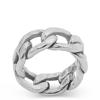 Silver ring with a braided design on a white background