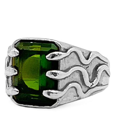 green tourmaline gemstone entrapped by a fleet of snakes signet in sterling silver