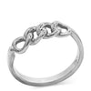 Tiny thin silver band with 4 tiny chain links. ring pictured standing up with a slight tilt forward and to the left