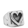 Silver ring with a heart-shaped design on a white background