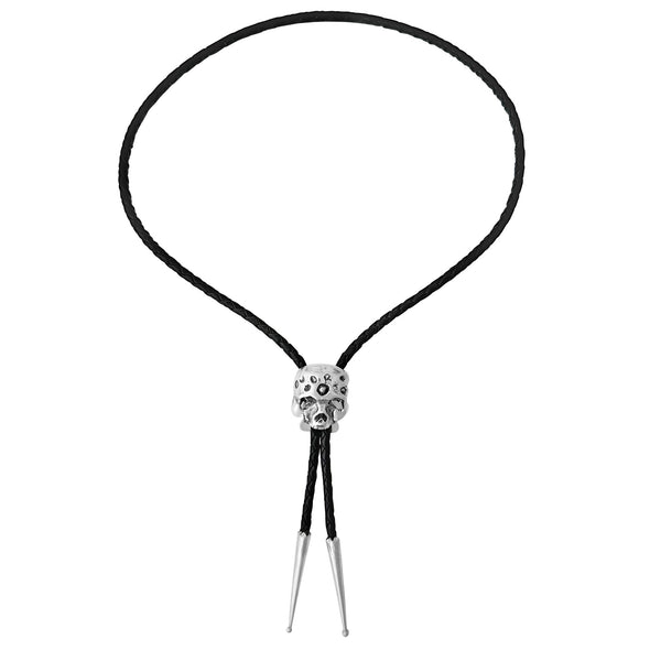 Black bolo tie with silver clasp on a white background