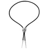 Black bolo tie with silver clasp on a white background