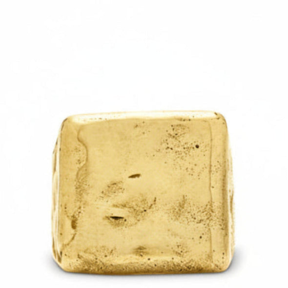 A square signet ring made of 14k solid gold, with a textured, imperfections surface.