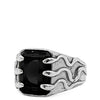 Silver ring with a black stone and snake designs on a white background