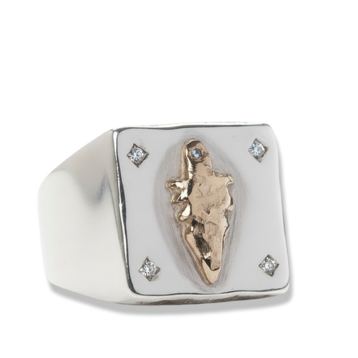 Silver ring with a gold spade design on a white background