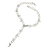 Pearl necklace with silver accents on a white background