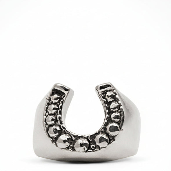 Silver horseshoe charm with embedded stones on a white background