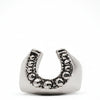 Silver horseshoe charm with embedded stones on a white background