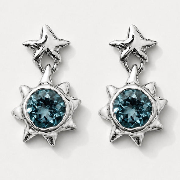 A pair of silver-toned dangle earrings featuring a small star-shaped stud at the top and a larger spiky sunburst pendant with a faceted blue-green gemstone in the center, shown on a light gray background.