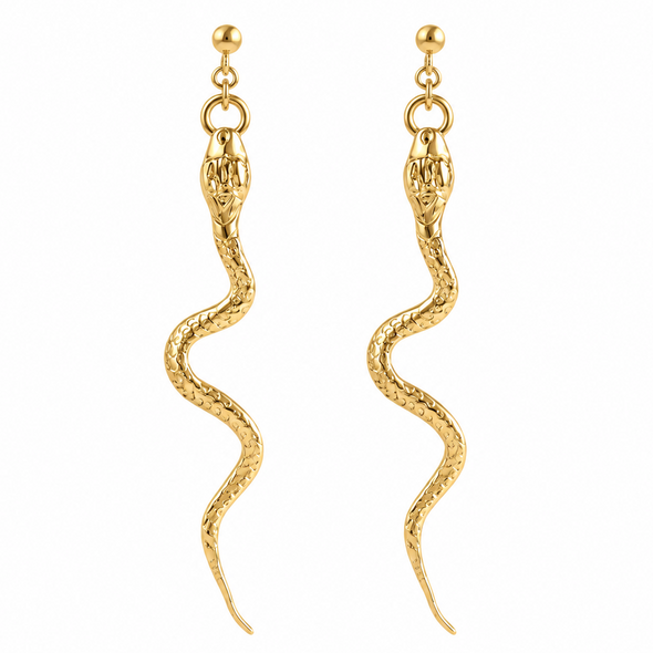 A pair of gold snake drop earrings with textured scales and ball studs, shown against a plain white background.