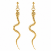 A pair of gold snake drop earrings with textured scales and ball studs, shown against a plain white background.