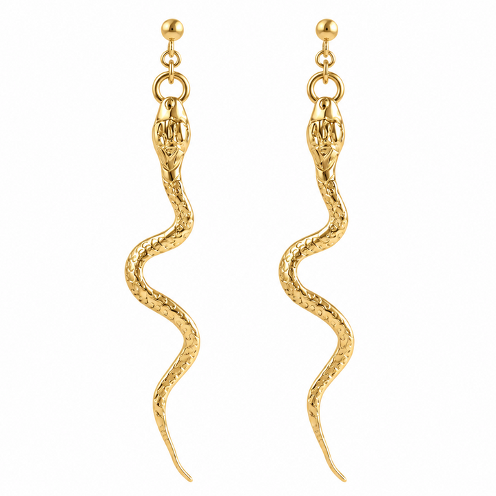A pair of gold snake drop earrings with textured scales and ball studs, shown against a plain white background.