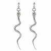 A pair of silver snake drop earrings with detailed scales and a textured body, hanging from small silver ball studs on a plain white background.