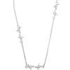 A silver necklace featuring three barbed wire link pendants on a Rolo chain.