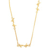A gold necklace featuring a chain link design with three barbed wire link pendants asymmetrically placed along the chain.