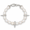 A silver-toned beaded bracelet featuring irregular white freshwater pearls, three polished spike charms, and a lobster clasp closure, shown on a clean white background.