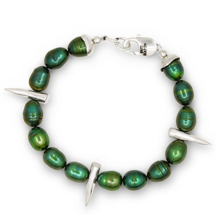 Green pearl bracelet with silver accents on a white background