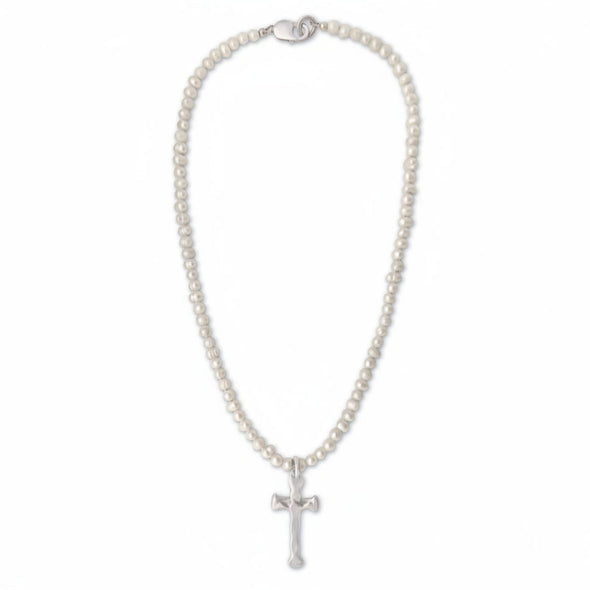 Pearl necklace with a cross pendant on a white background