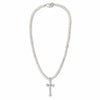 Pearl necklace with a cross pendant on a white background