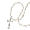Pearl necklace with a silver cross pendant on a white background