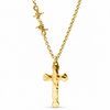 A gold cross pendant necklace with a textured finish and a matching gold chain featuring a small script charm, shown on a plain white background.