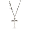 A sterling silver cross pendant necklace with a hammered finish on a heavy Rolo chain featuring a single barbed wire link.