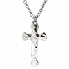 A polished silver cross pendant necklace with a textured, hammered finish, suspended from a matching silver link chain against a plain white background.
