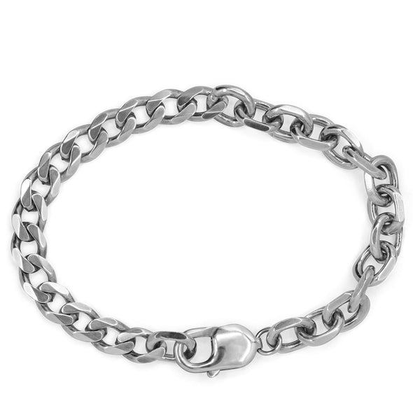 A sterling silver bracelet with a combination of half diamond cut cable chain and half classic curb chain links, featuring a lobster clasp closure.