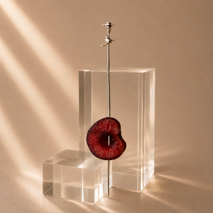Artistic sculpture with a red fruit-like object and metallic figure inside a clear rectangular box on a beige background.