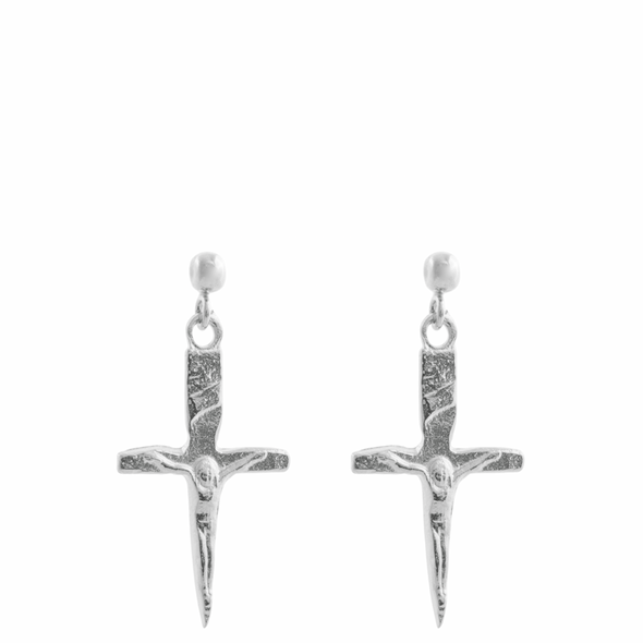 Pair of silver cross-shaped earrings on a white background