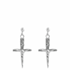 Pair of silver cross-shaped earrings on a white background