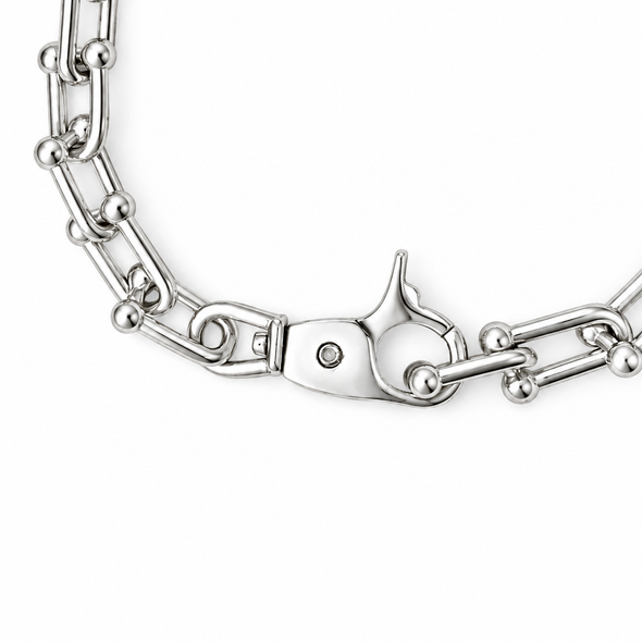 Close-up of a polished silver-tone metal chain bracelet with a lobster clasp on a plain white background.