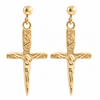 A pair of gold-tone drop earrings featuring a detailed crucifix pendant with a textured hilt, a figure of Jesus on the cross, and a round ball stud at the top, shown against a plain white background.