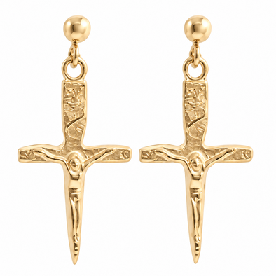 A pair of gold-tone drop earrings featuring a detailed crucifix pendant with a textured hilt, a figure of Jesus on the cross, and a round ball stud at the top, shown against a plain white background.