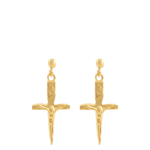 Gold cross-shaped earrings on a white background