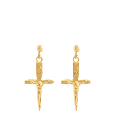 Gold cross-shaped earrings on a white background