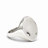 A polished sterling silver signet ring with a minimalist engraved design on the flat oval face, shown on a clean white background.
