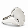 A polished silver signet ring with a flat oval face featuring two small black engraved or printed symbols, shown on a clean white background.