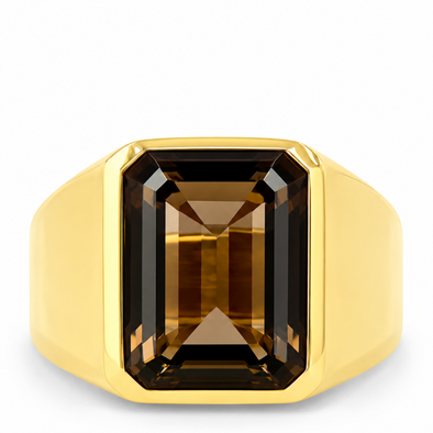 A yellow gold signet ring featuring a large, faceted rectangular emerald-cut brown gemstone, shown against a plain white background.
