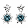 A pair of silver starburst dangle earrings featuring round faceted blue gemstones, shown on a solid white background.