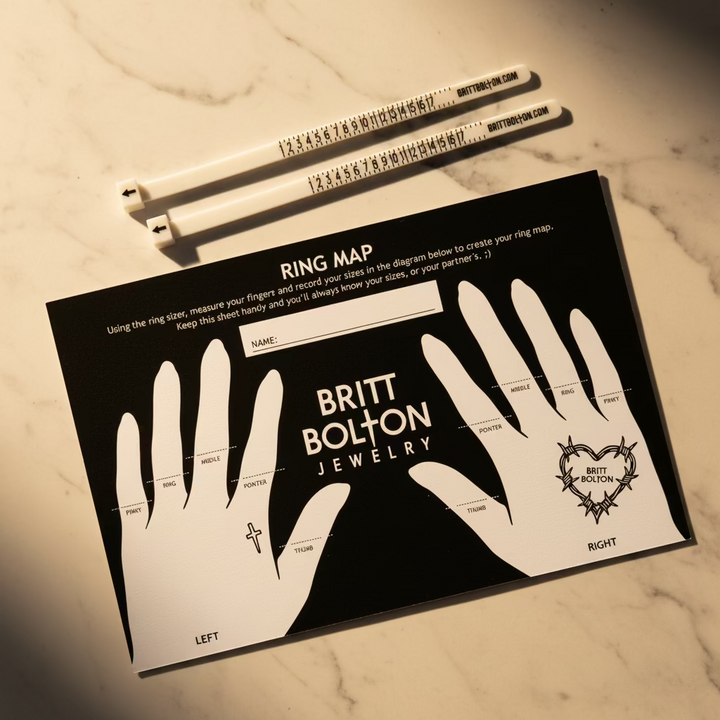 Ring size chart with hands and measurement guide for Britt Bolton Jewelry on a white background
