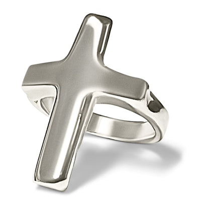 Silver cross-shaped ring on a white background