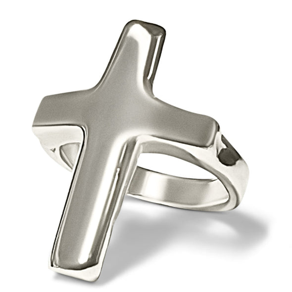 Silver cross-shaped ring on a white background