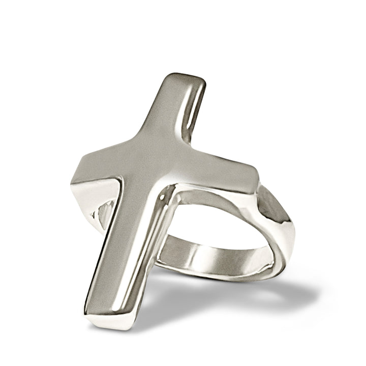 Silver cross-shaped ring on a white background