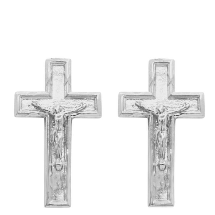 Two silver crucifixes on a white background